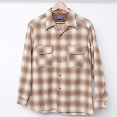 vintage mid-century Pendleton WOOL mid-century FLANNEL twin peaks style brown &amp; tan vintage plaid flannel shirt -- men's size large 
