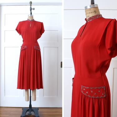 vintage 1940s lipstick red rayon dress • short sleeve rayon crepe dress with beaded & rhinestone pockets 
