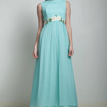 vintage 60s maxi dress blue sheer daisy applique floral empire waist bow SMALL S 
