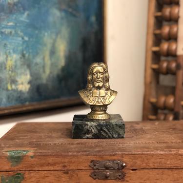 Vintage MCM Gold Brass Like Bust Stone Gray Bottom Carving Details Signed Home Decor Table Decor mid century modern retro paper weight 