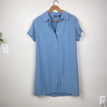 90s NY &amp; Co. Silk Shirtdress in Neutral Sky Blue  • 10 
