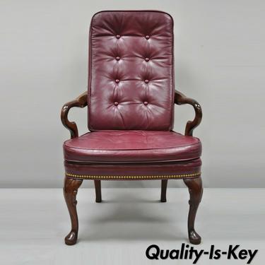 Vintage Burgundy Tufted Leather Queen Anne Gooseneck Office Desk Arm Chair