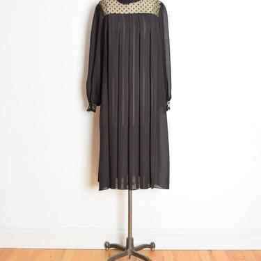 vintage 80s dress black Victorian goth mesh cutout pleated trapeze babydoll XL 