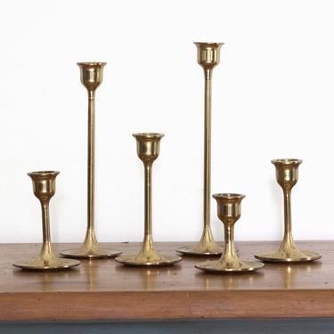 Set of Six Vintage Brass Tulip Candlesticks, Mid Century Brass Candle Holders 