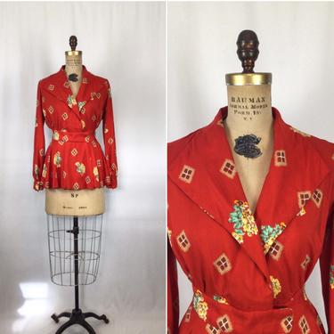 Vintage 40s blouse | Vintage red floral cotton blouse | 1940s wrap front top 