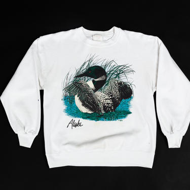 90s Alaska Loon Sweatshirt - Medium to Large | Vintage White Graphic Bird Print Tourist Pullover 