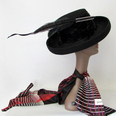MR JOHN New York Paris Vintage 70s Black Wool Felt Hat | 1970s Wide Brim Designer Hat w/ Rhinestones, Rooster and Pheasant Feathers | Funk, by lovestreetsf