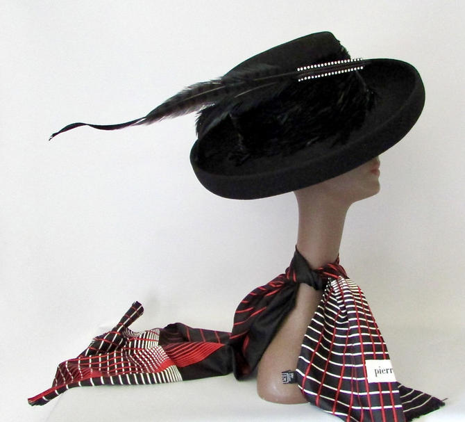 MR JOHN New York Paris Vintage 70s Black Wool Felt Hat | 1970s Wide Brim Designer Hat w/ Rhinestones, Rooster and Pheasant Feathers | Funk, 