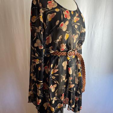 90’s black rayon floral print dress~ oversized Sheer romantic feminine~ flowing tunic dress~ 1930’s inspired ~versatile size open- XLG 