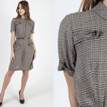 Vintage 50s Tweed Dress 1960s Plaid Wiggle Dress Slim Fit Pockets Dress Retro Pin Up 1950s 60s Womens Knee Length Pencil Mini Dress 