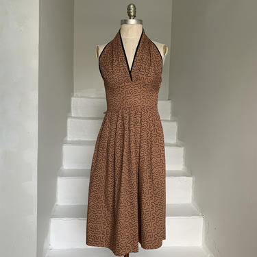 1950s Cotton Halter Dress Nutmeg Brown Silly String Squiggle 34 Bust Vintage 