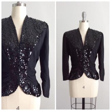 40s Black Sequin Crepe Top Jacket / 1940s Vintage Blouse Long Sleeve / Medium / Size 8 to 10 
