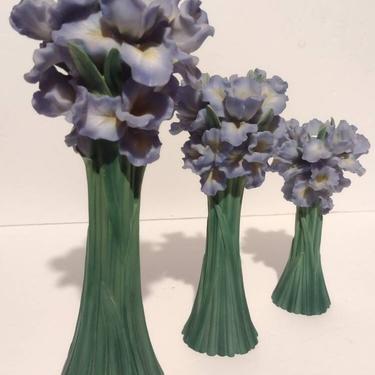 Ibis & Orchid Bearded Iris Hand Painted Bonded Marble Candlestick Holder Set Home Decor 9&quot; 