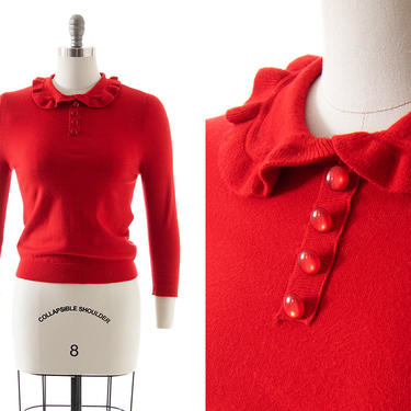 Vintage Sweater | Red Knit Ruffled Peter Pan Collar Long Sleeve Pullover Sweater Top (small) 