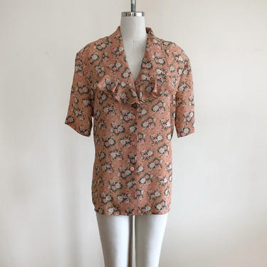 Light Pink Floral Print Blouse with Oversized Collar - 1980s 