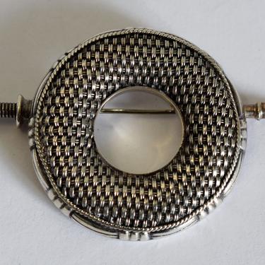 Unusual 50's sterling circle & sword kilt artisan brooch, heavy woven 925 silver modified Celtic dirk and shield shawl pin 