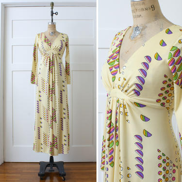 1970s vintage maxi dress • op-art print empire waist dress • light yellow &amp; bright abstract pattern 