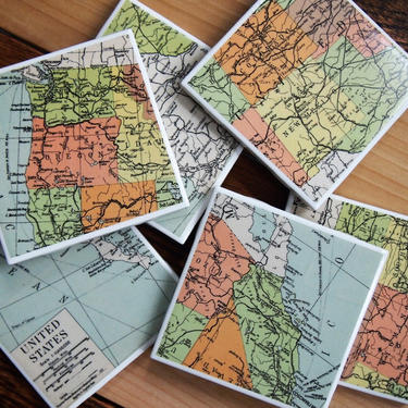 1947 Western United States Handmade Repurposed Vintage Map Coasters Set of 6 - Ceramic Tile - Repurposed 1940s Atlas - East Coast America 