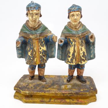 Small Antique 1800's Polychrome Santos, 2 Saints on Wooden Base, Vintage Hand Carved Religious Carving, Church Statue 
