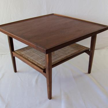 Mid Century Modern Walnut and Cane Side Table by Kipp Stewart for Drexel Declaration Series 