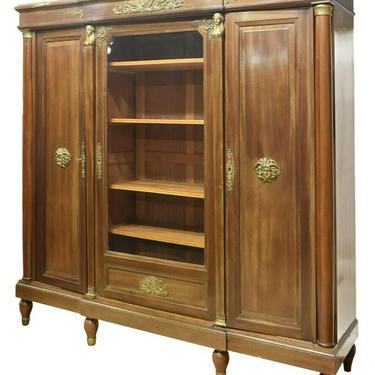 Antique Bookcase, French Empire Style Mahogany, Gilt Metal Ormulu Accent, 1800s