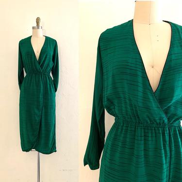 vintage 70's green silk draped dress 