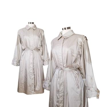 Vintage Satin Raincoat, Medium / 1980s Belted Trench Coat / Full Length Satin Rain Coat / Retro 1970s 1980s Neutral Beige Rain Jacket 