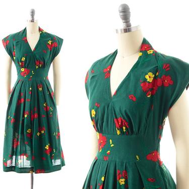 Vintage Style Dress | 1950s Inspired EMILY AND FIN Modern Repro Floral Printed Cotton Day Dress with Pockets (small) 
