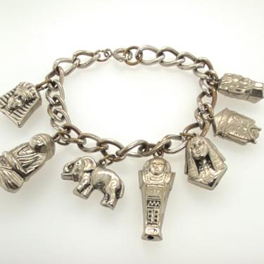 Vintage Silver Tone Egyptian God Buddha Elephant 3D Puffy Charm Bracelet Good Luck 