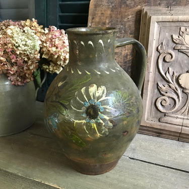 19th C French Pottery Jug, Floral Pattern, Redware, Slip Glazed Pottery Pitcher, Rustic French Farmhouse, Farm Table 