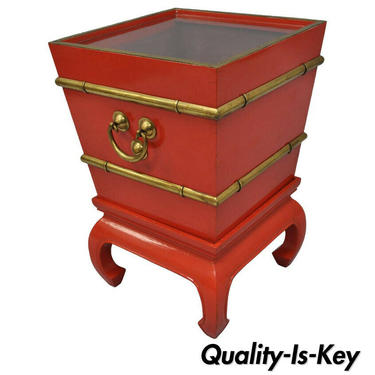 Chinoiserie Red Lacquer Oriental Pedestal Planter Accent Table Brass Faux Bamboo