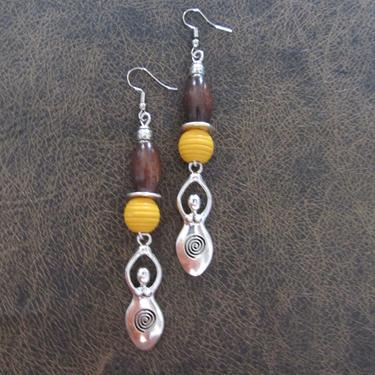Goddess earrings, African statement earrings, Afrocentric earrings, yellow tribal earrings, primitive earrings, boho chic, female figure 