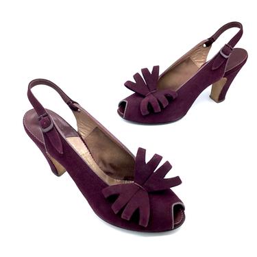 Vintage 1940s Purple Suede Shoes, Plum Peep Toe Slingback Heels, Film Noir Femme Fatale Style, US Size 7 