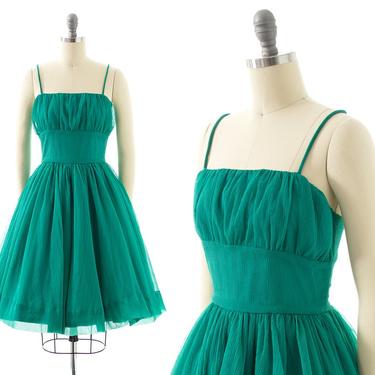 Vintage 1950s Style Sundress | 50s 70s Green Chiffon Spaghetti Strap Gathered Bust Fit &amp; Flare Full Skirt Holiday Party Gown (x-small/small) 