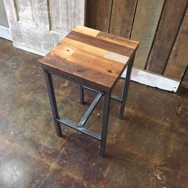 Reclaimed Wood Bar Stool, Patchwork Industrial Stool, Industrial Hand Welded Steel Base and Eco-Friendly Finish 