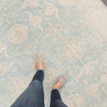 Vintage 7’10” x 9’10” Large Botanical Rug Teal Cream Hand Knotted Wool Rug Pile Rug - FREE DOMESTIC SHIPPING 