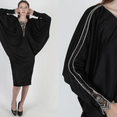 70s Disco Grecian Party Dress, Black Jersey Sheer Deco Dress, Avant Garde Embroidered Roman Mini Dress 