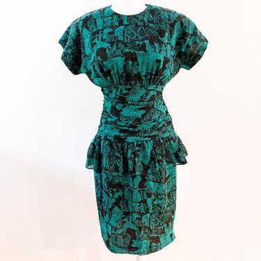 80s Does 40s Black and Turquoise Abstract Print Dress | Small 