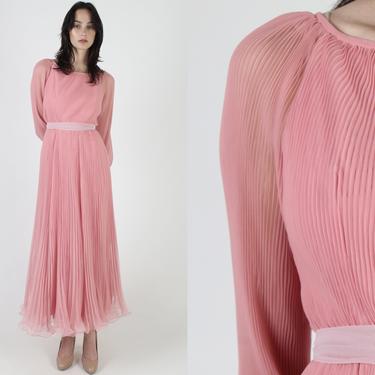 Vintage 70s Miss Elliette Blush Chiffon Dress / Long Pleated Sheer Puff Sleeve Dress / Pink Lined Bridal Party Gown Maxi Dress 
