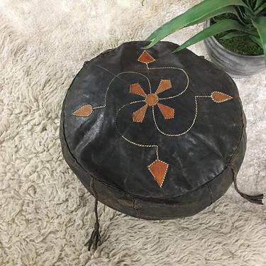 Vintage Leather Poof Retro 1990s Southwestern Ottoman or Floor Pillow Pouf Dark Brown Black + Floral + Fringed Tassels + Home Decor Seating 