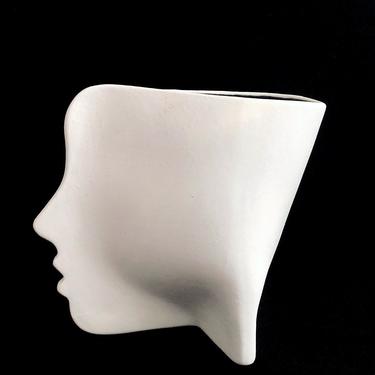 Vintage Modernist Studio Art Pottery Ceramic Geometric Sculptural Head Vase with Profile View Artist Signed Dated 1991 Modern Art Sculpture 
