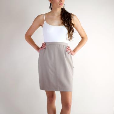 90s Minimal Skirt, High Waisted Worsted Wool All Seasons Skirt, Vintage Simple Beige Neutral Pleated Above The Knee Straight Skirt Size 6 
