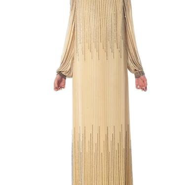 1970S Champagne Beaded Silk Chiffon Stripe Backless Tunic Cut Long Sleeve Boho Gown 