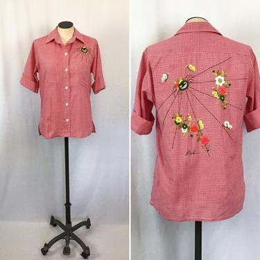 Vintage 70s Shirt | Vintage red gingham embroidered camp shirt | 1970s Helen Cerda spider floral embroidered blouse 