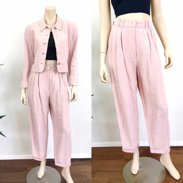 Vintage Blush Pink Silk & Linen Pleated Trousers Pant Suit 