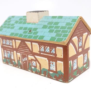 Vintage Lithograph Cardboard and Wood House, Antique Toy Play House for Christmas Village  Putz or Railroad 