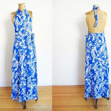 Vintage 70s Hawaiian Bark Cloth Maxi Dress OS - 1970s Blue White Tropical Backless Maxi Wrap Dress - Tiki Vacation Sundress - Halter Maxi 