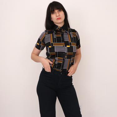 1970s Button Up Shirt/ 70s Pointed Collar/ Vintage Geometric Pattern/ Graphic Print Button Down/ Small Extra Small/Short Sleeve Mod Blouse 
