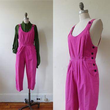 Vintage 80s Does 40s Cotton Jumpsuit/ 1980s Hot Pink Side Button Cropped Overalls/ Size Small 