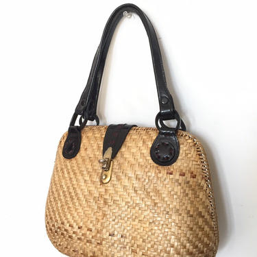 Straw top handle bag, hard case purse, 1960's straw bag, natural material, straw handbag, handheld purse, 60's box bag,natural fiber, boho 